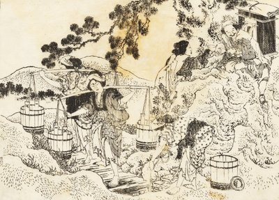 Four women working very hard and carrying vats of water by Katsushika Hokusai